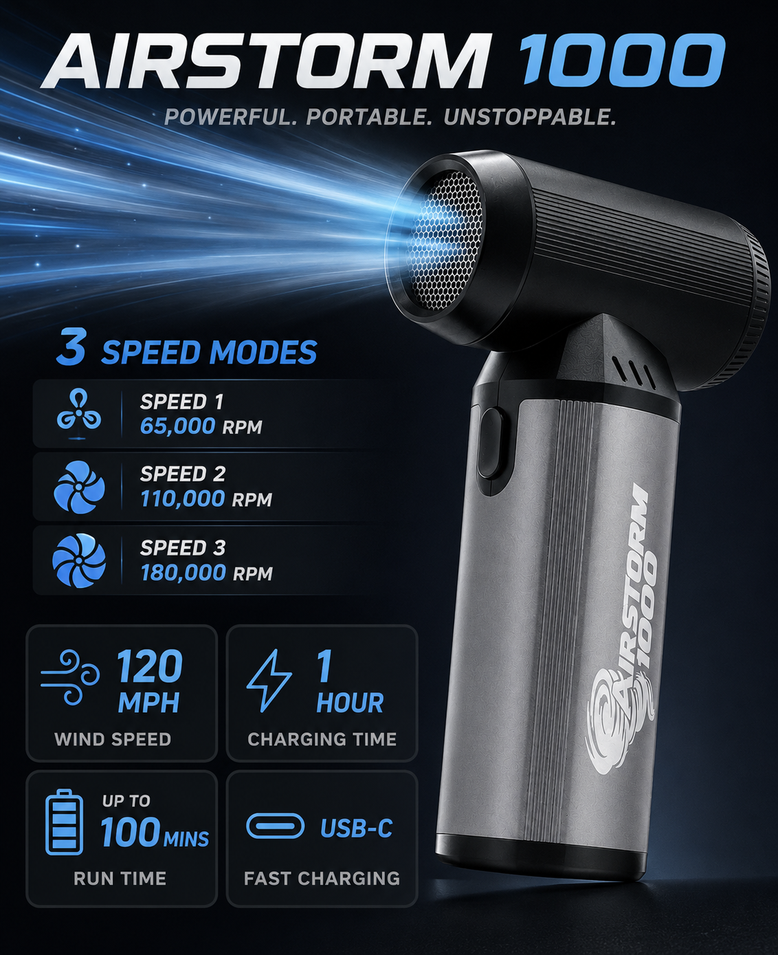 Cordless Handheld Air Duster & Fan AirStorm 1000: 180,000 RPM, With LED Light, 100-Min Battery, >1lb, 18W Fast Charge